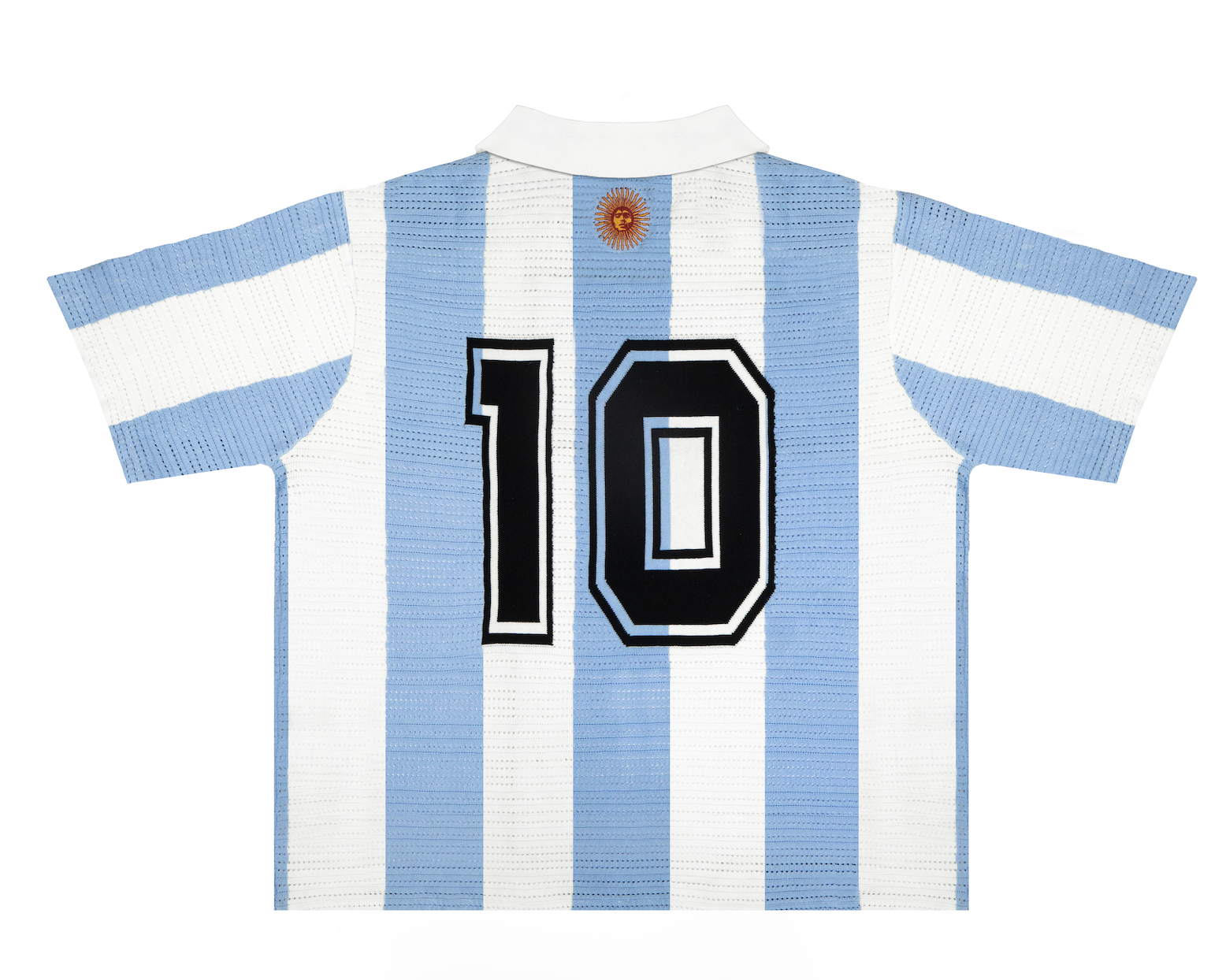 Back view of Argentina-inspired retro knit football shirt with number 10 and a custom Sun of May embroidery featuring Diego Maradona's face on the neck.