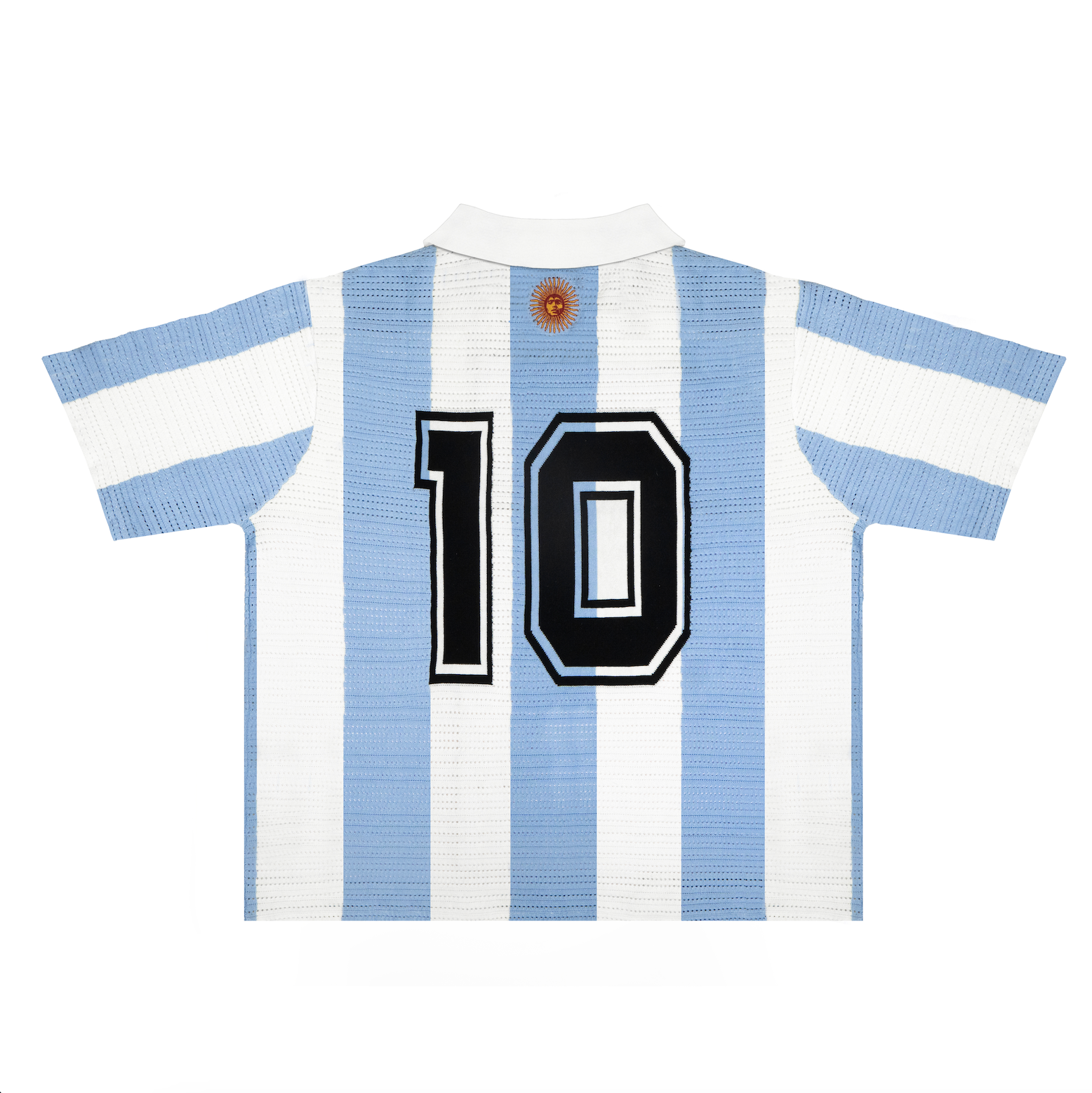 Back view of Argentina-inspired retro knit football shirt with number 10 and a custom Sun of May embroidery featuring Diego Maradona's face on the neck.