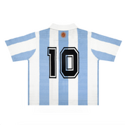 Back view of Argentina-inspired retro knit football shirt with number 10 and a custom Sun of May embroidery featuring Diego Maradona's face on the neck.