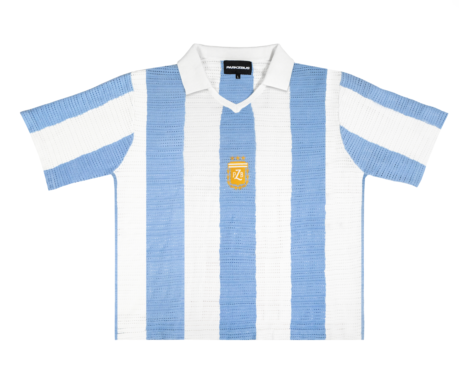 Front view of Argentina-inspired retro knit football shirt featuring vertical sky blue and white stripes, a white polo collar, and a gold embroidered crest.