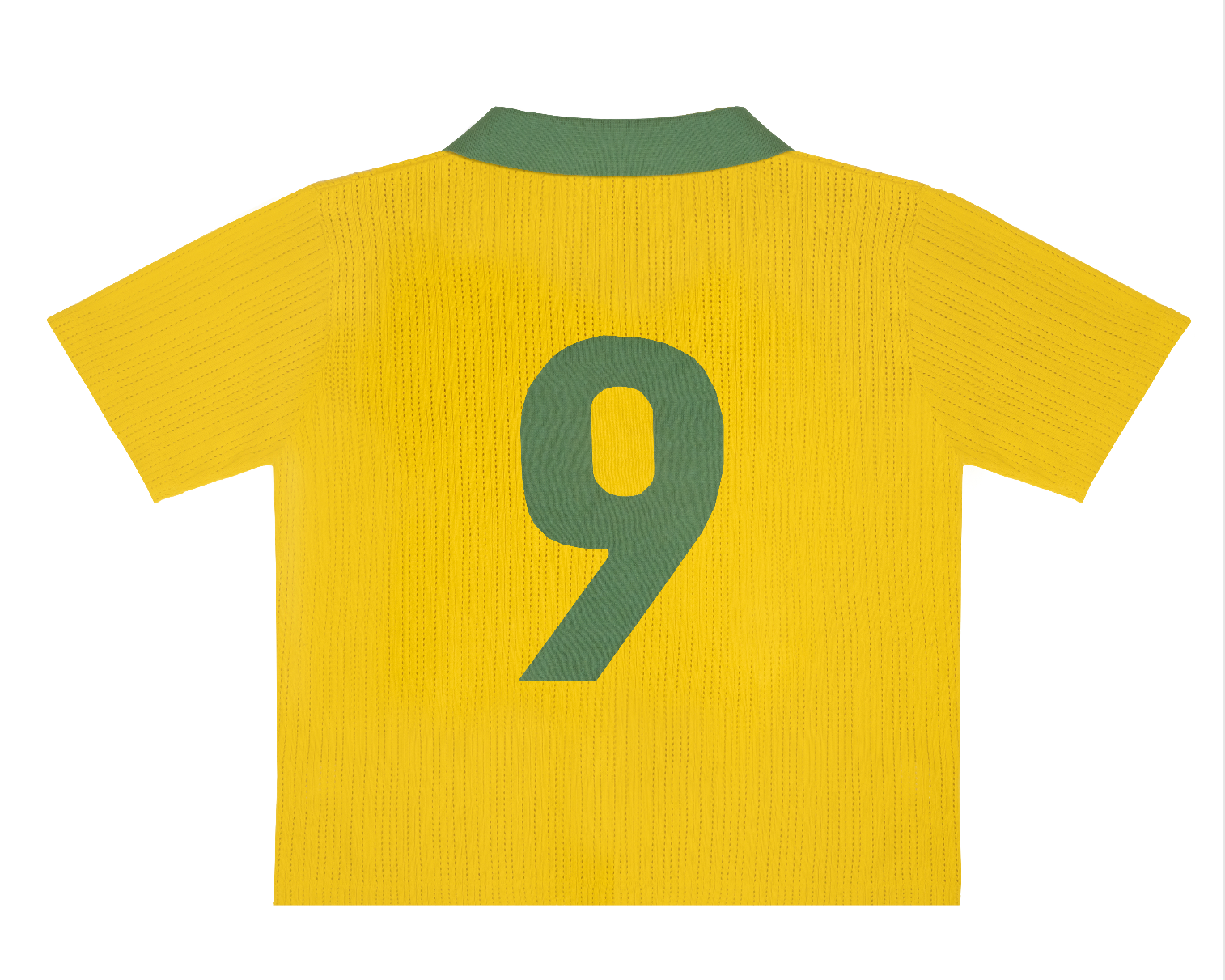 Back view of Brazil 1970 Retro Knit Football Shirt in canary yellow with iconic green number 9 and contrast collar.