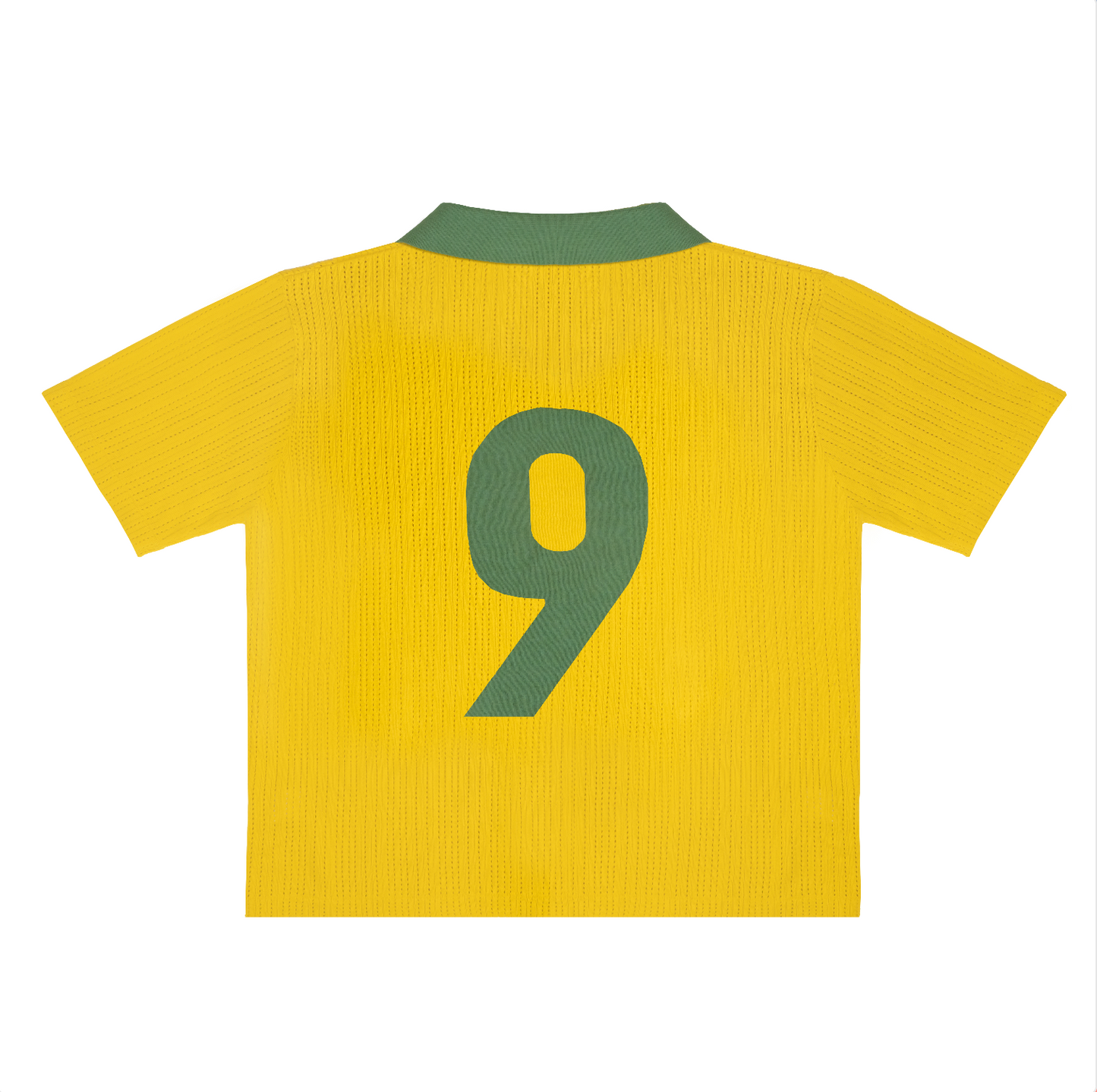 Back view of Brazil 1970 Retro Knit Football Shirt in canary yellow with iconic green number 9 and contrast collar.