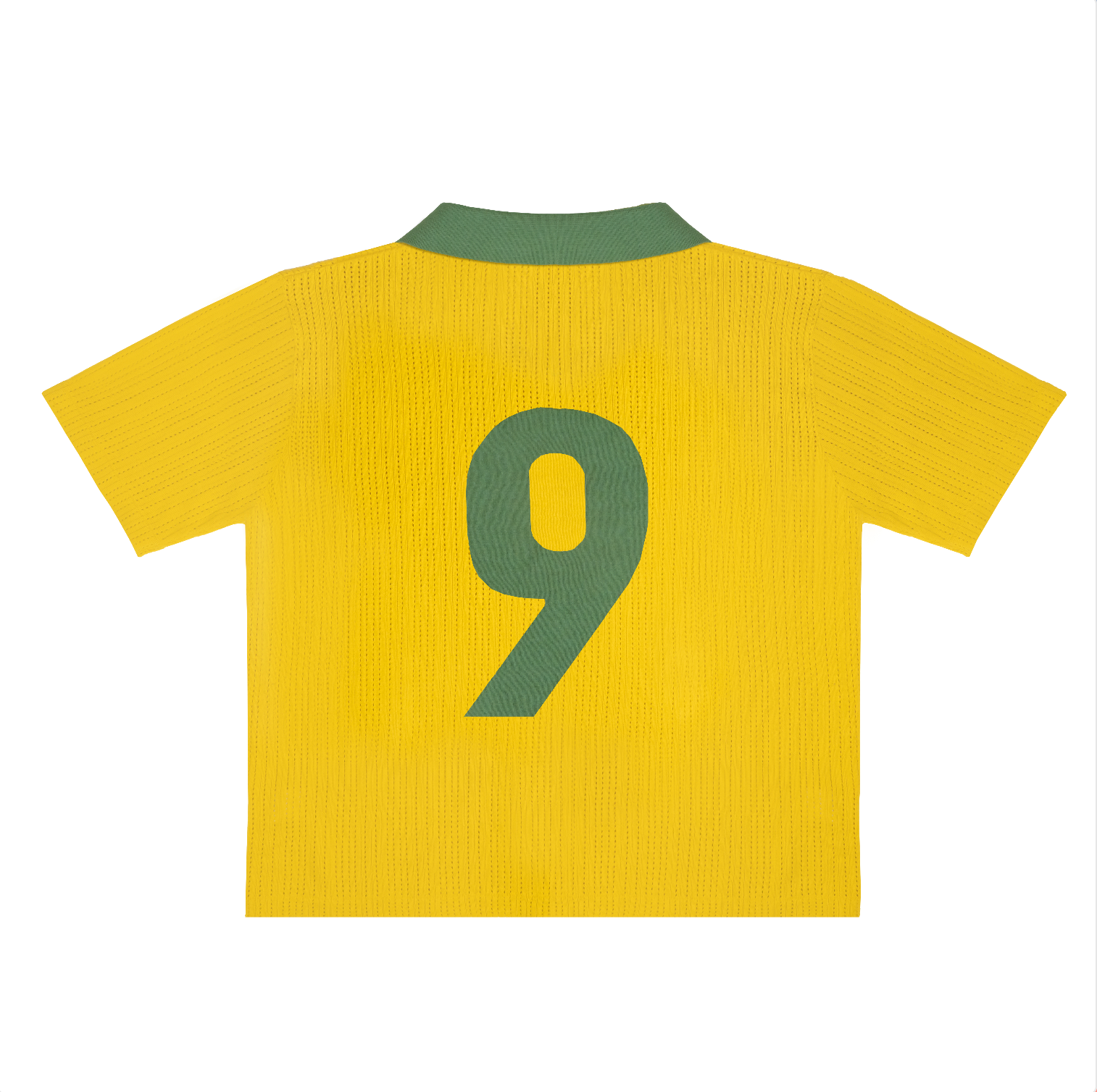 Back view of Brazil 1970 Retro Knit Football Shirt in canary yellow with iconic green number 9 and contrast collar.