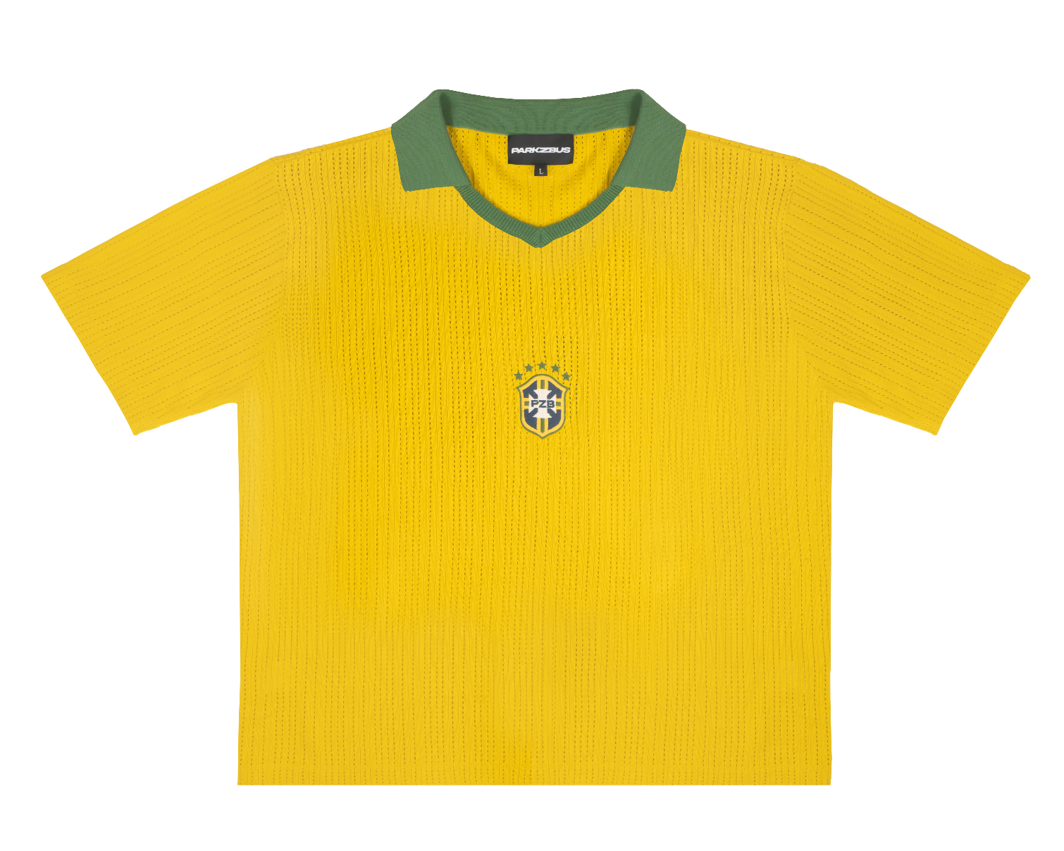 Front view of Brazil-inspired retro knit football shirt in yellow with green polo collar and embroidered crest