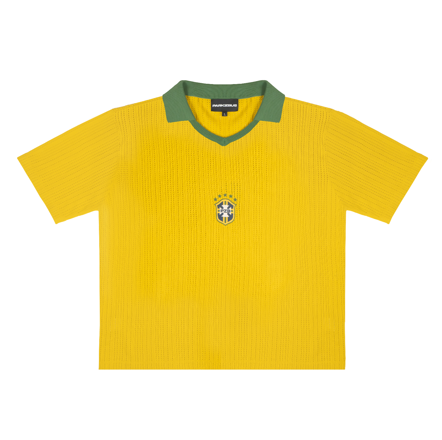 Front view of Brazil-inspired retro knit football shirt in yellow with green polo collar and embroidered crest