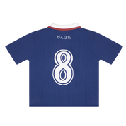 Back of Japan 1998 Retro Knit Football Jersey in royal blue, featuring white number 8 and Japanese 'Ganbare' embroidery.