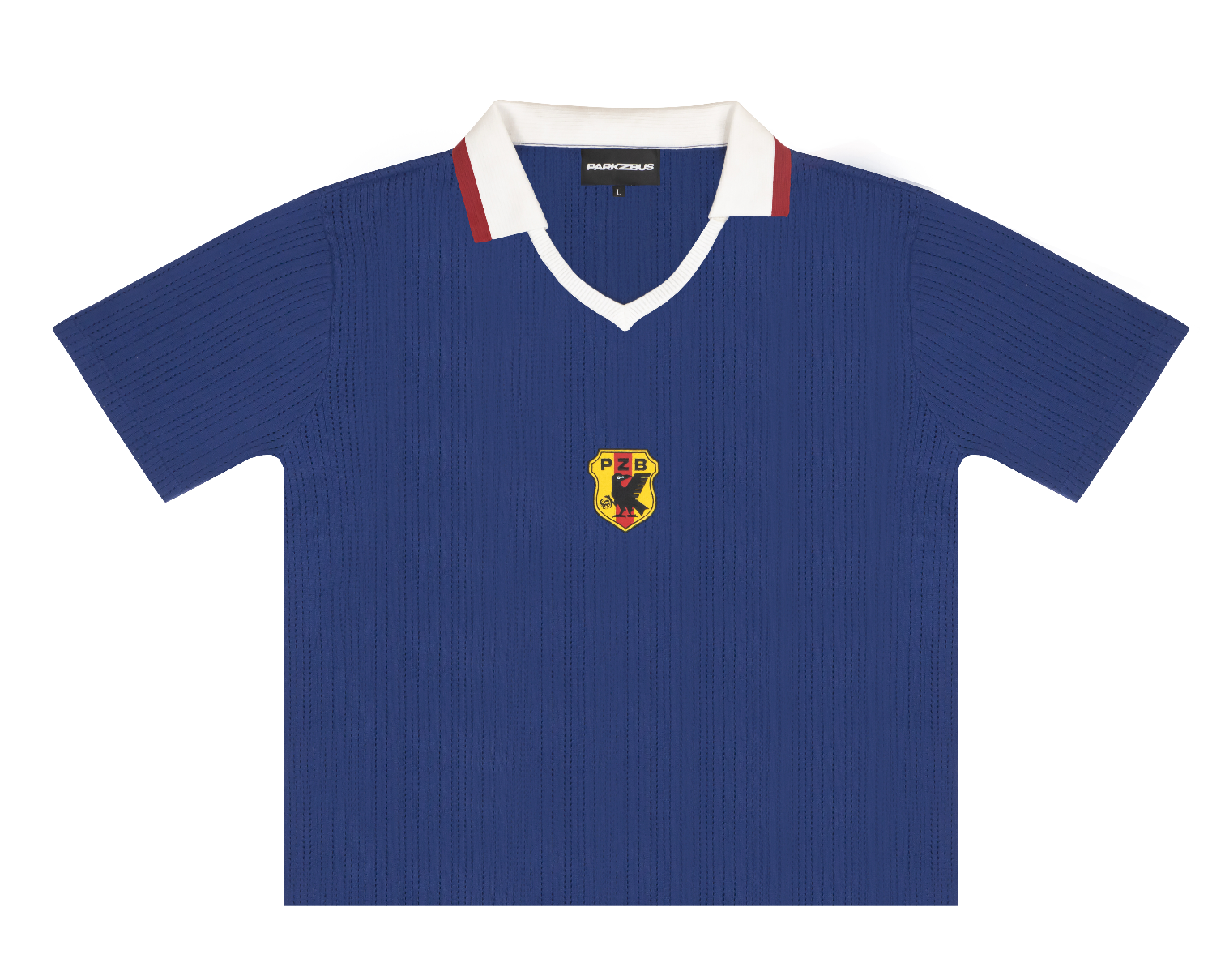 Front view of Japan 1998 "Samurai Blue" Retro Knit Football Shirt featuring a central woven crest and contrast white V-neck collar.