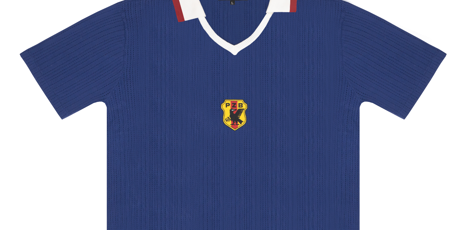 Front view of Japan 1998 "Samurai Blue" Retro Knit Football Shirt featuring a central woven crest and contrast white V-neck collar.