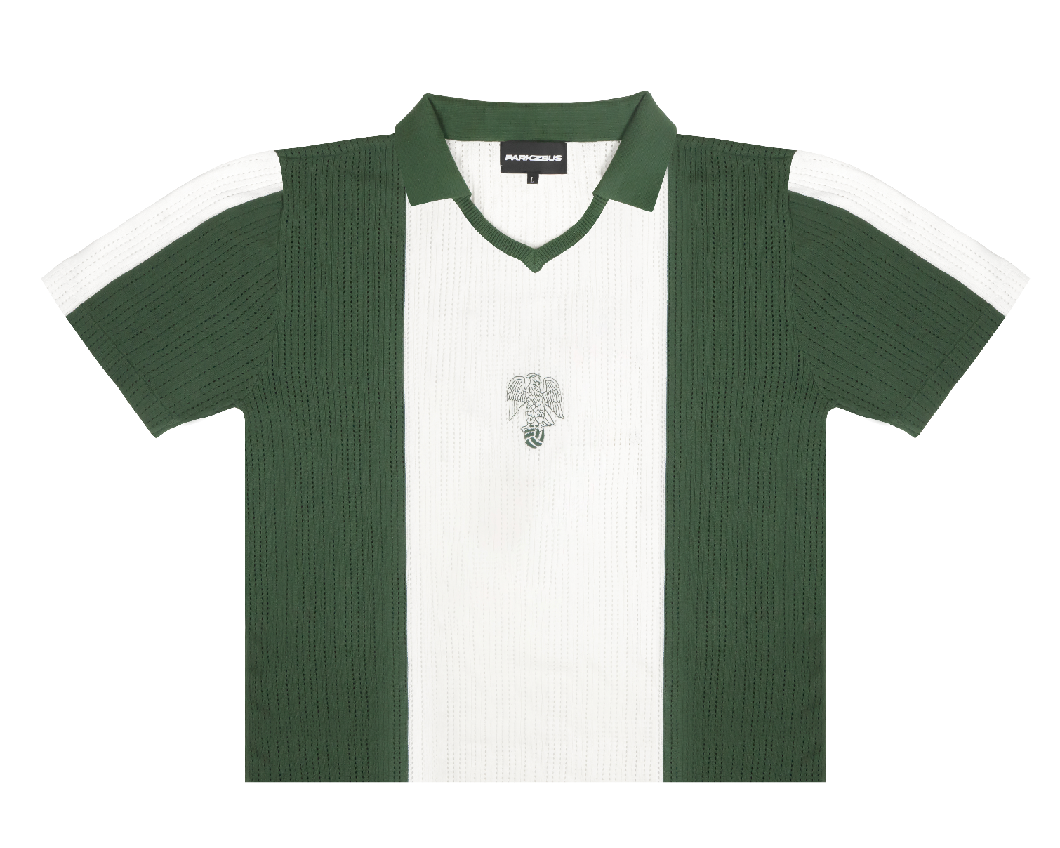 Nigeria-inspired green and white knit football shirt with eagle crest.