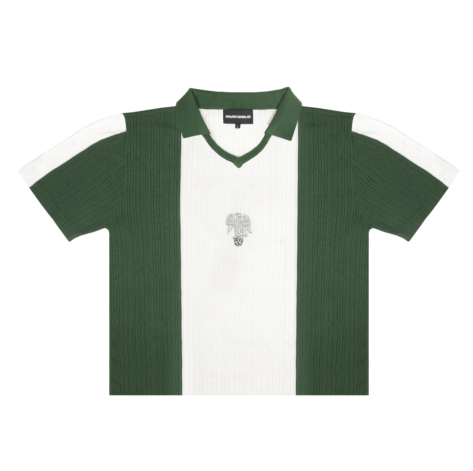 Nigeria-inspired green and white knit football shirt with eagle crest.