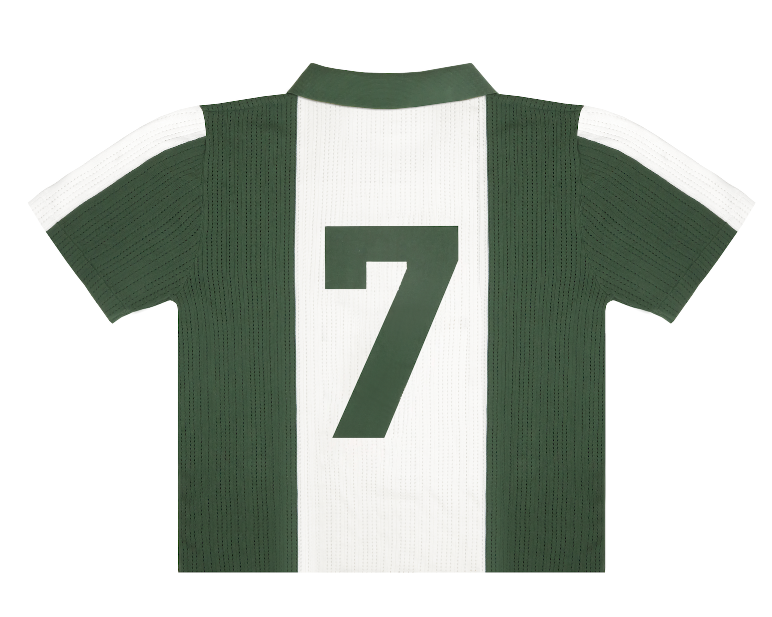 Back view of Nigeria-inspired retro knit football shirt in green and white stripes, featuring a large green number 7.