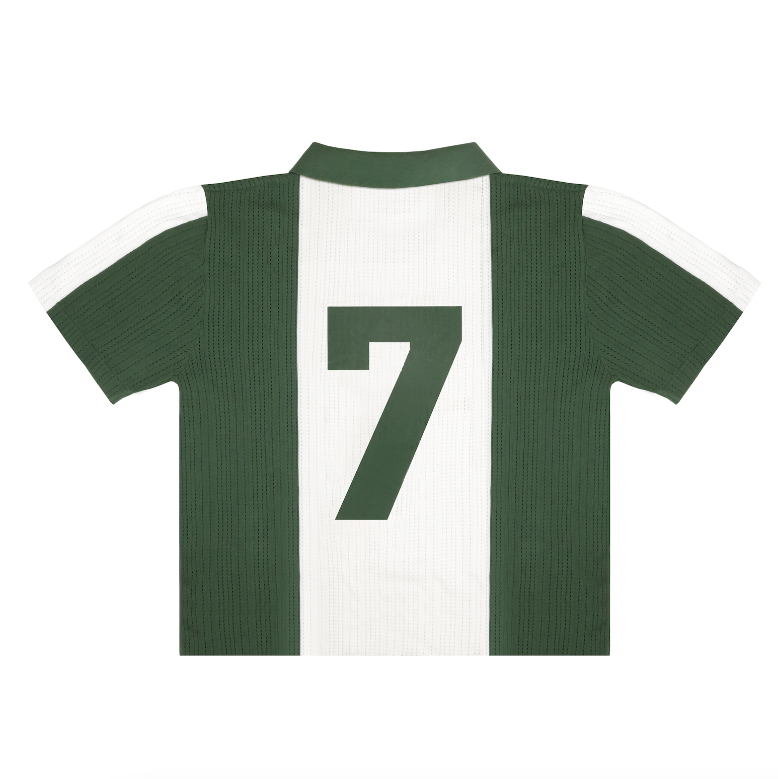 Back view of Nigeria-inspired retro knit football shirt in green and white stripes, featuring a large green number 7.