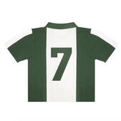 Back view of Nigeria-inspired retro knit football shirt in green and white stripes, featuring a large green number 7.