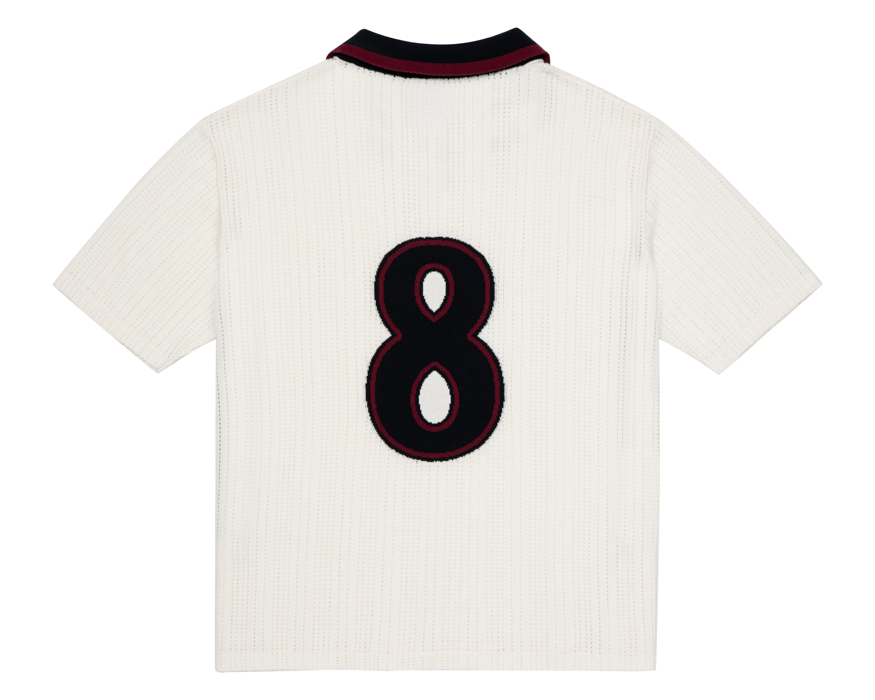 Back view of ParkzBus cream waffle-knit polo shirt with navy and burgundy collar, featuring a large embroidered number 8 in black with burgundy outline
