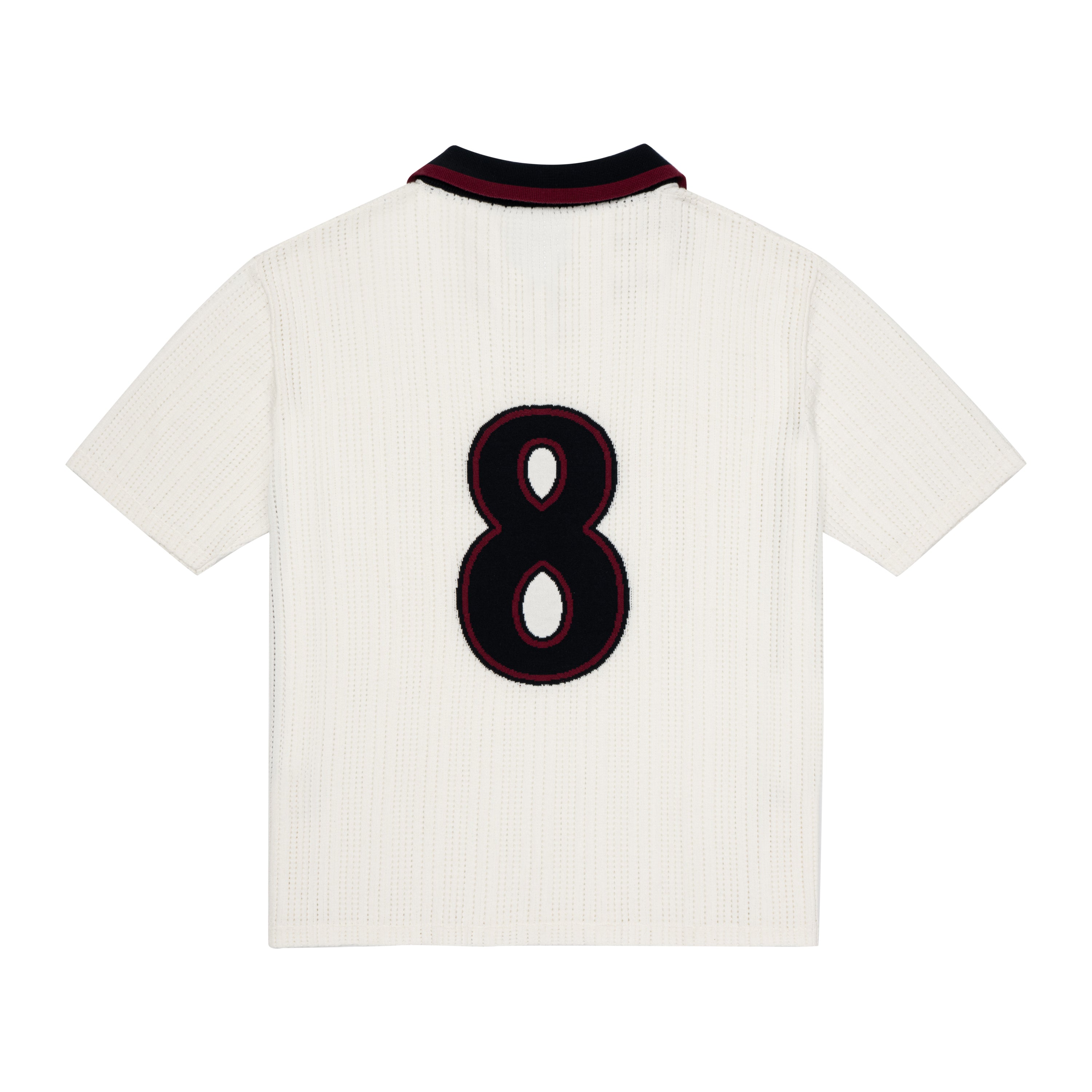 Back view of ParkzBus cream waffle-knit polo shirt with navy and burgundy collar, featuring a large embroidered number 8 in black with burgundy outline