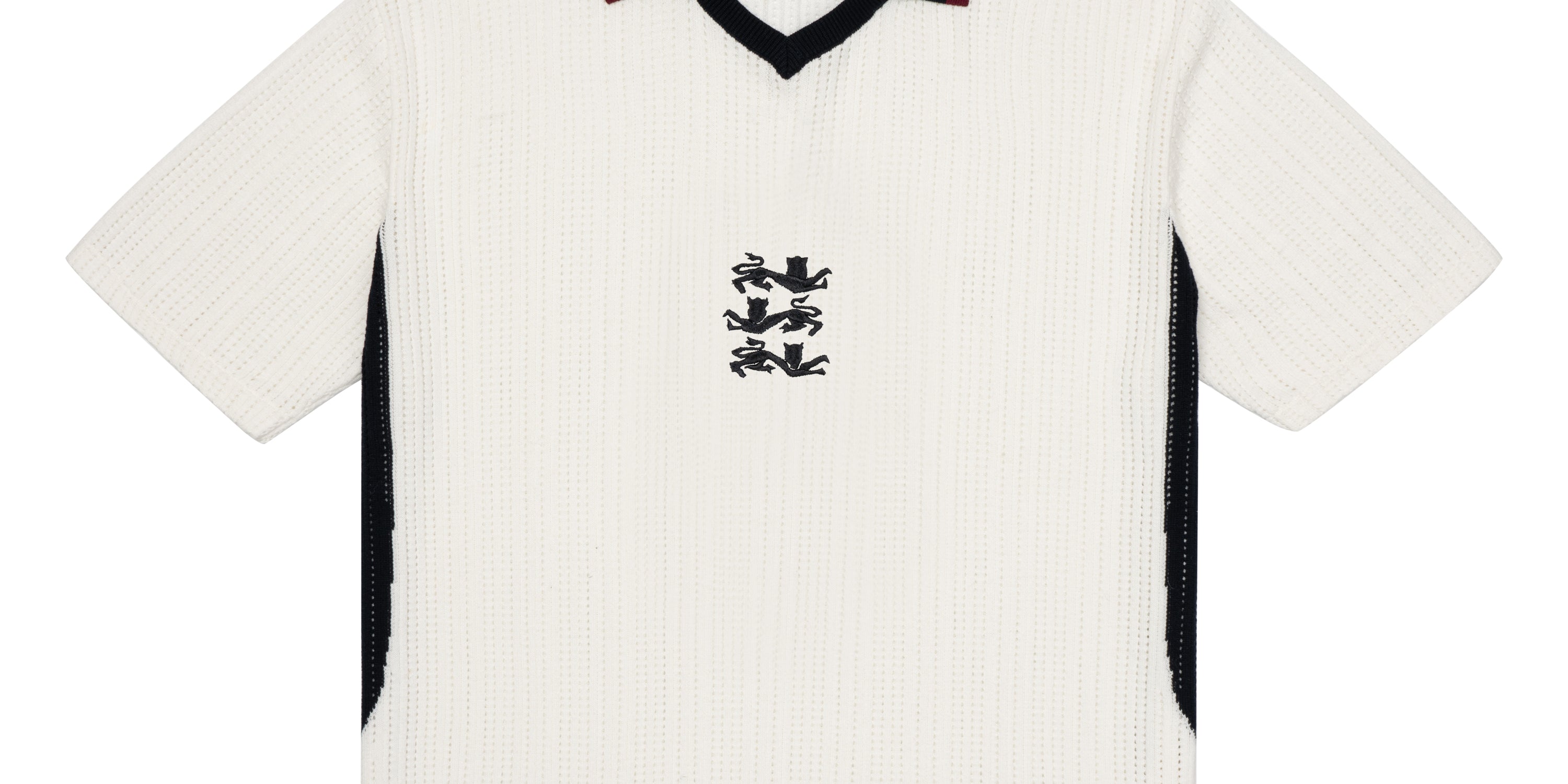 ParkzBus cream waffle-knit polo shirt with navy and burgundy v-neck collar, black side panels, and embroidered three lions crest on chest