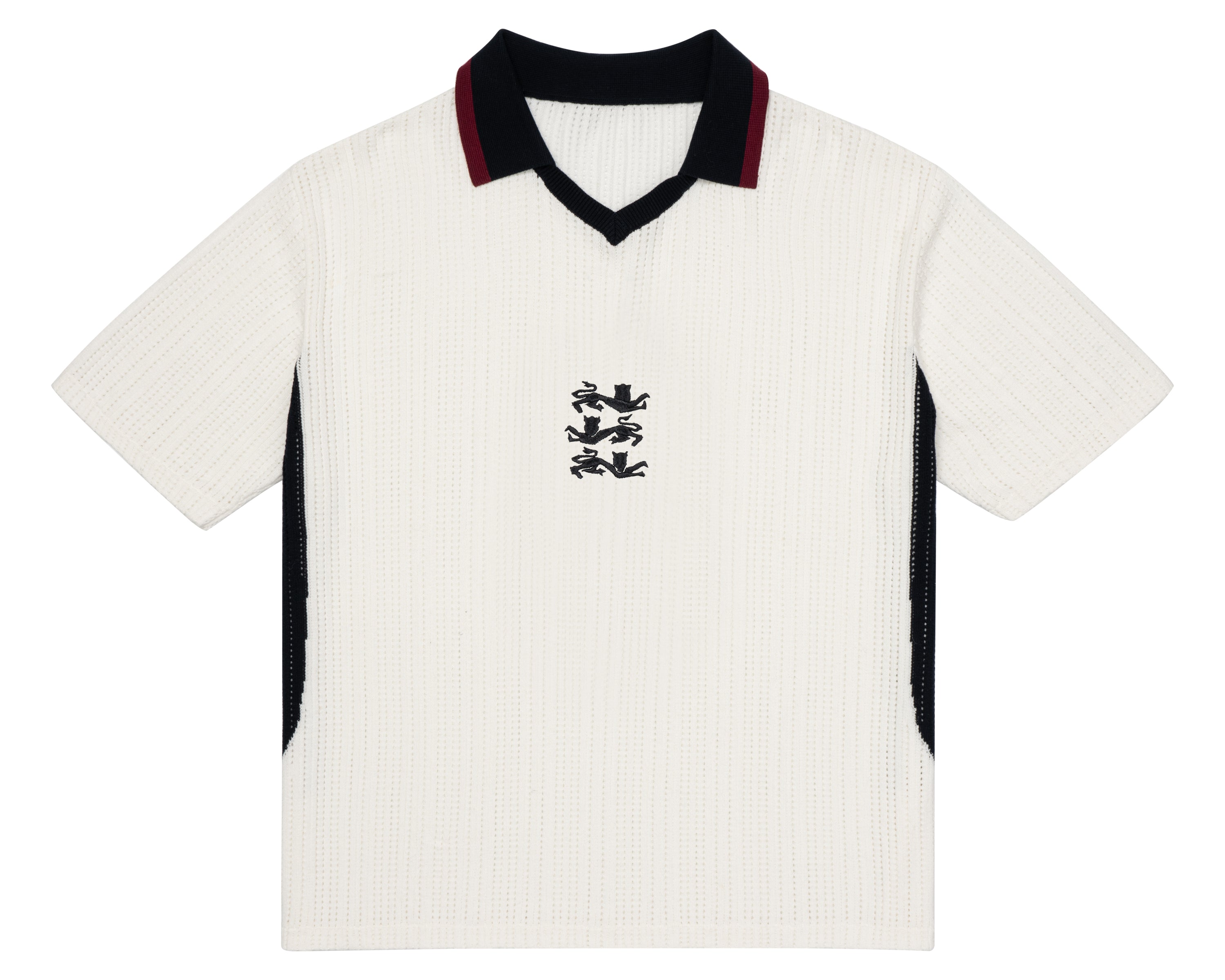 ParkzBus cream waffle-knit polo shirt with navy and burgundy v-neck collar, black side panels, and embroidered three lions crest on chest