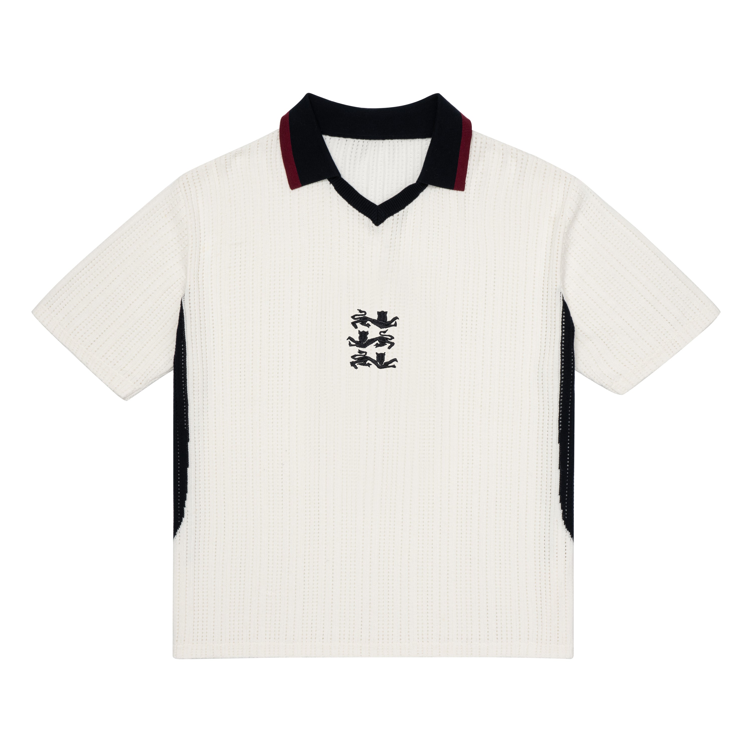 ParkzBus cream waffle-knit polo shirt with navy and burgundy v-neck collar, black side panels, and embroidered three lions crest on chest