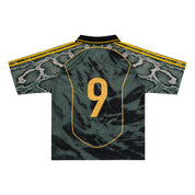 Back view of Parkzbus dark green Brazil R9 Halftone football jersey showing number 9 in gold with curved gold back panel outline, snakeskin sleeve panels, and yellow double-stripe shoulders.