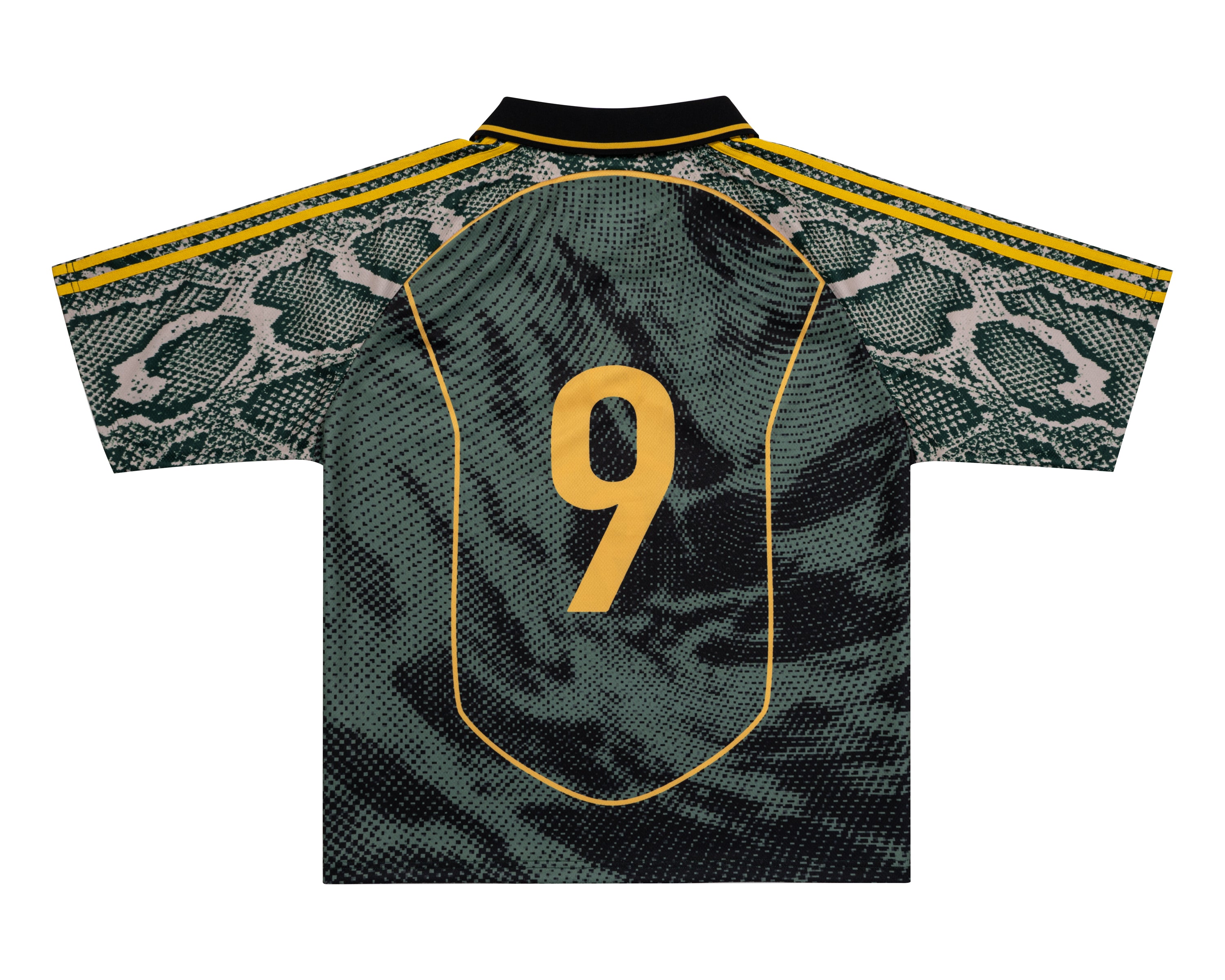 Back view of Parkzbus dark green Brazil R9 Halftone football jersey showing number 9 in gold with curved gold back panel outline, snakeskin sleeve panels, and yellow double-stripe shoulders.