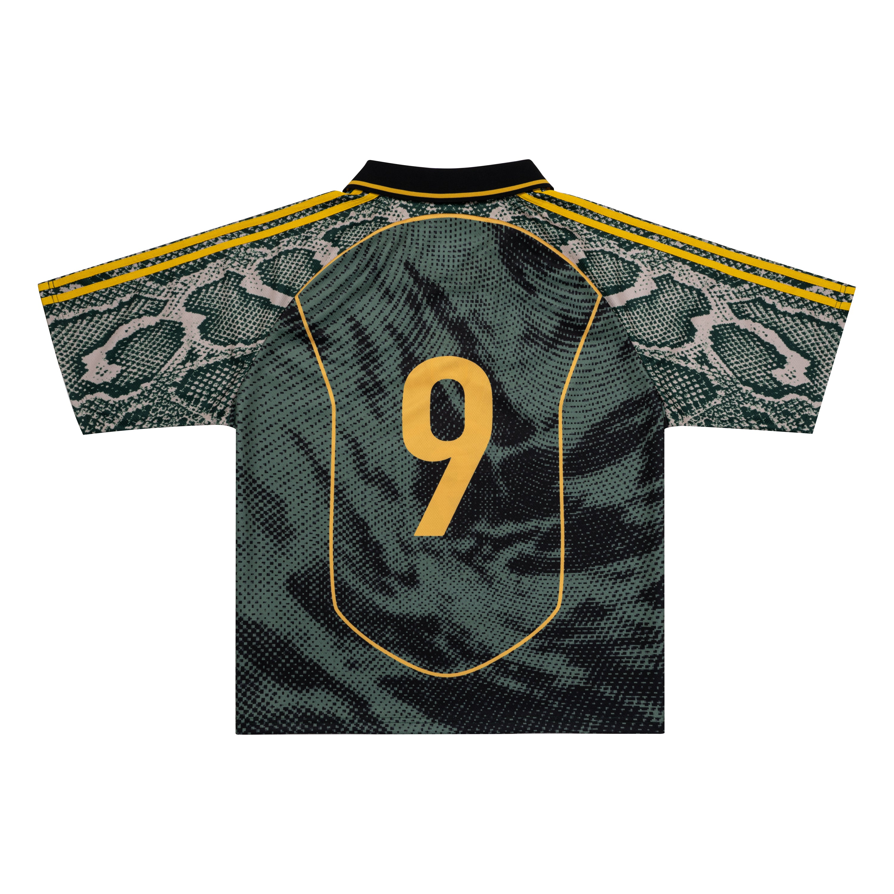 Back view of Parkzbus dark green Brazil R9 Halftone football jersey showing number 9 in gold with curved gold back panel outline, snakeskin sleeve panels, and yellow double-stripe shoulders.