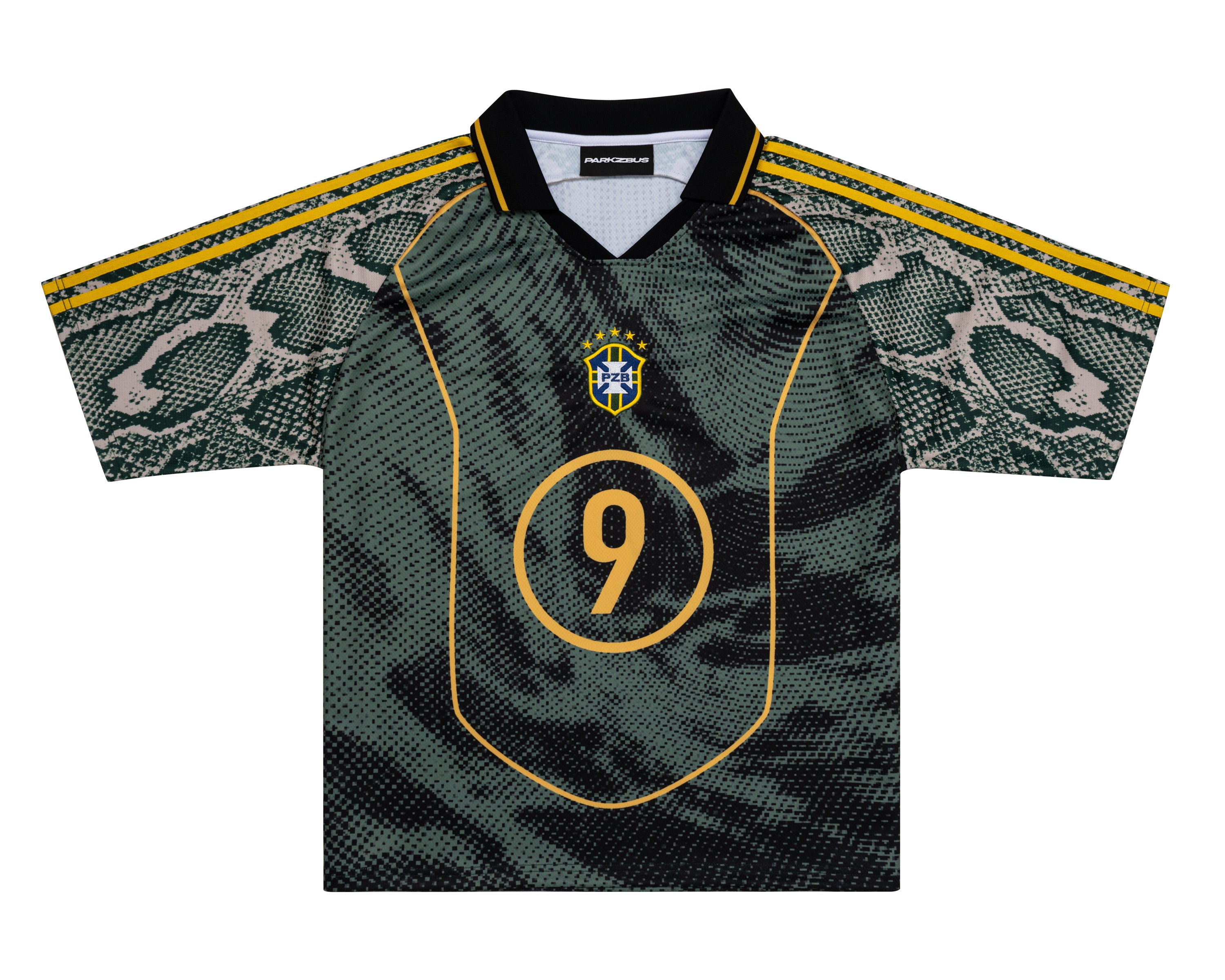Front view of Parkzbus dark green Brazil R9 Halftone football jersey with number 9 on chest, gold trim, snakeskin sleeve panels, black collar, and PZB crest badge.