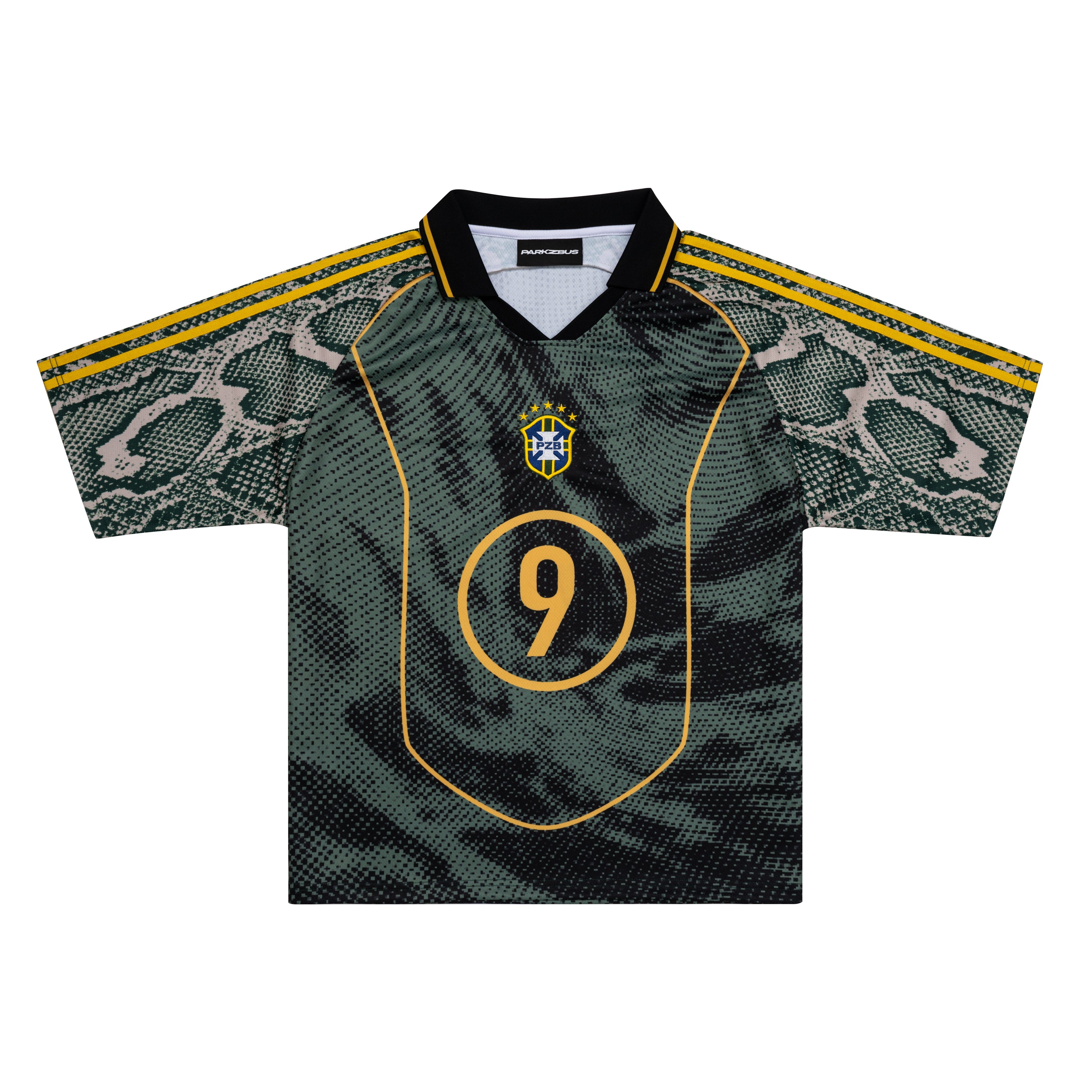 Front view of Parkzbus dark green Brazil R9 Halftone football jersey with number 9 on chest, gold trim, snakeskin sleeve panels, black collar, and PZB crest badge.