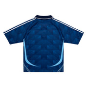 Back view of Parkzbus navy blue football jersey with geometric diamond pattern, light blue side panel, and white three-stripe sleeves — 2006 Japan World Cup inspired.