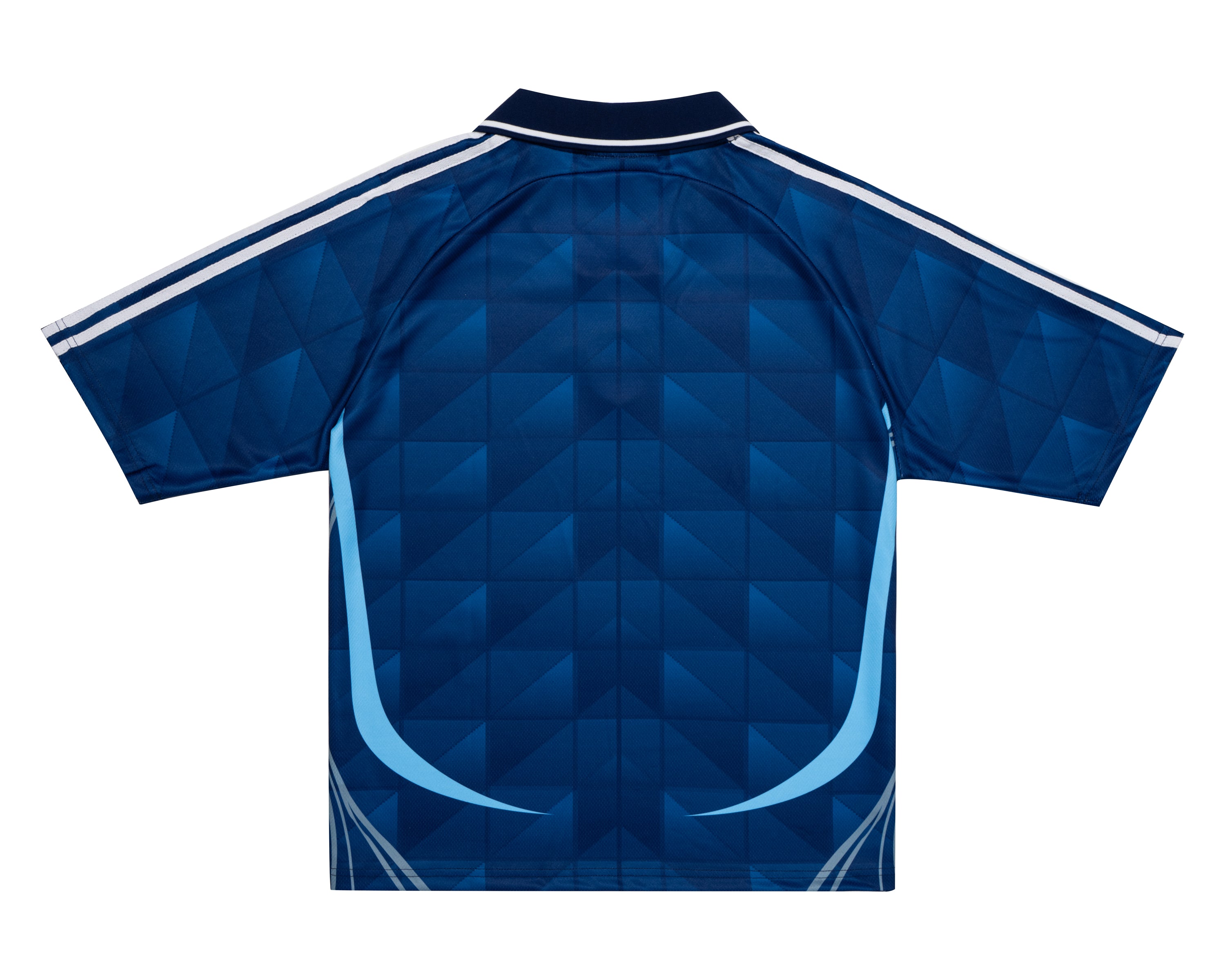 Back view of Parkzbus navy blue football jersey with geometric diamond pattern, light blue side panel, and white three-stripe sleeves — 2006 Japan World Cup inspired.