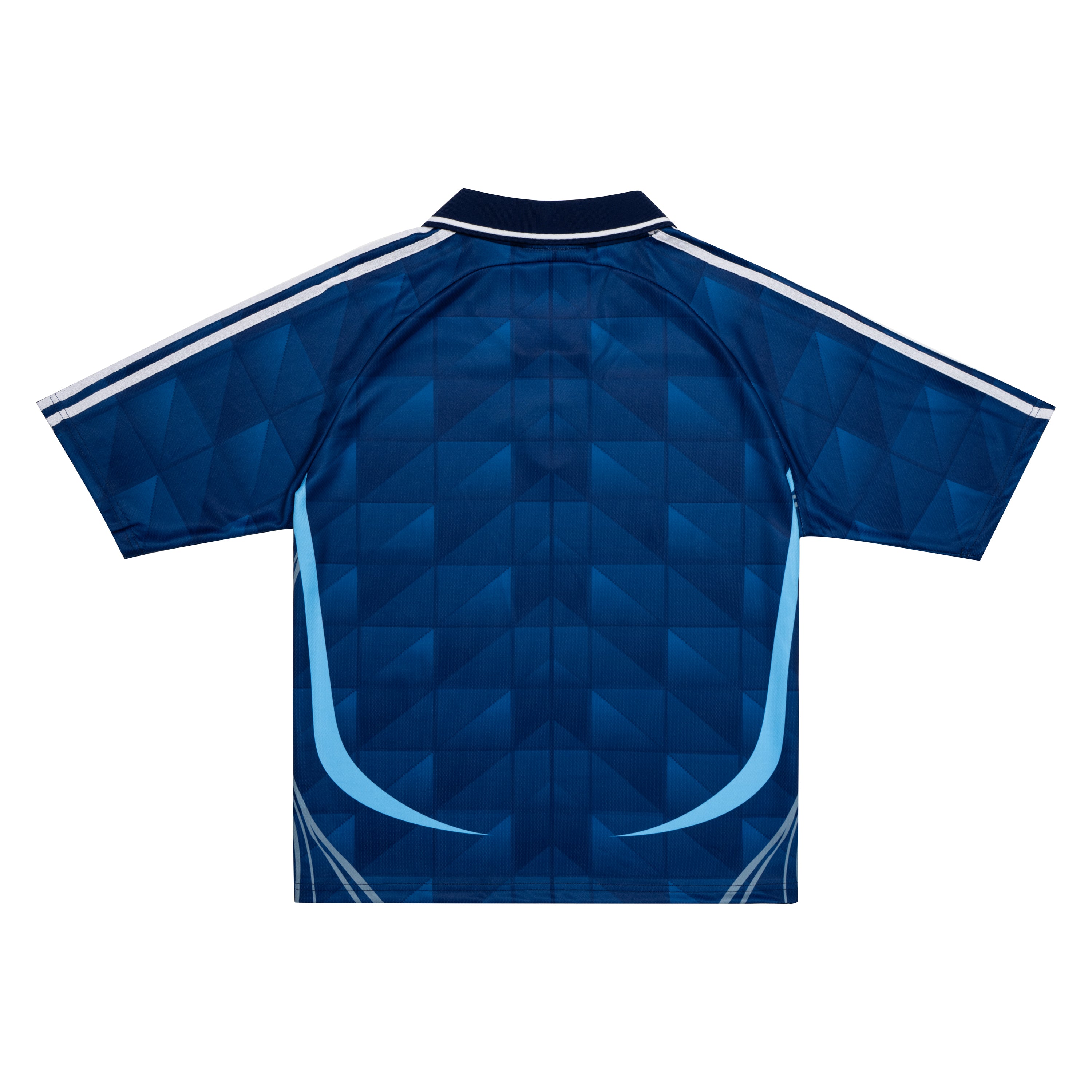 Back view of Parkzbus navy blue football jersey with geometric diamond pattern, light blue side panel, and white three-stripe sleeves — 2006 Japan World Cup inspired.