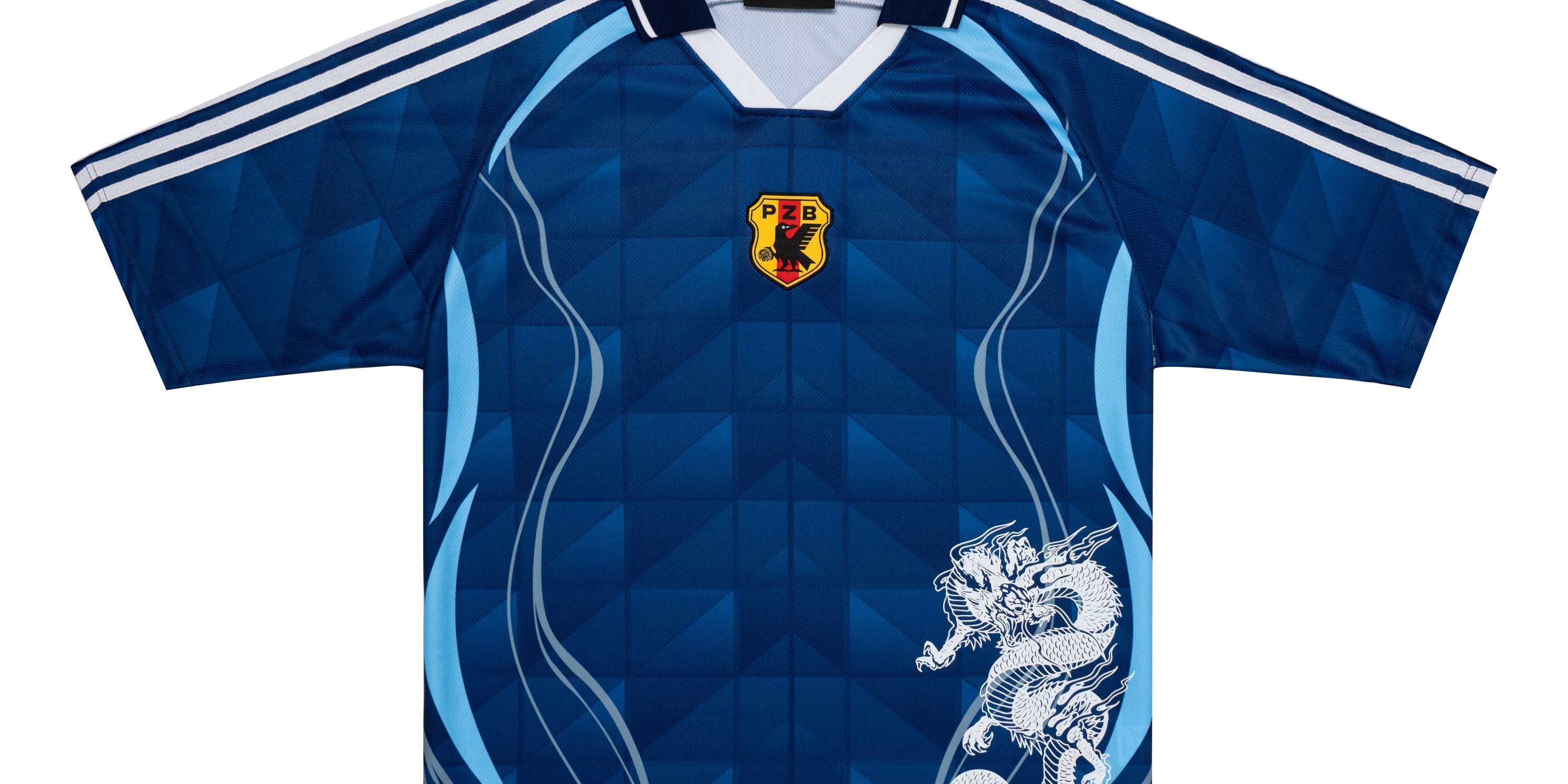 Parkzbus navy blue football jersey inspired by the 2006 Japan World Cup shirt with white dragon graphic and geometric pattern