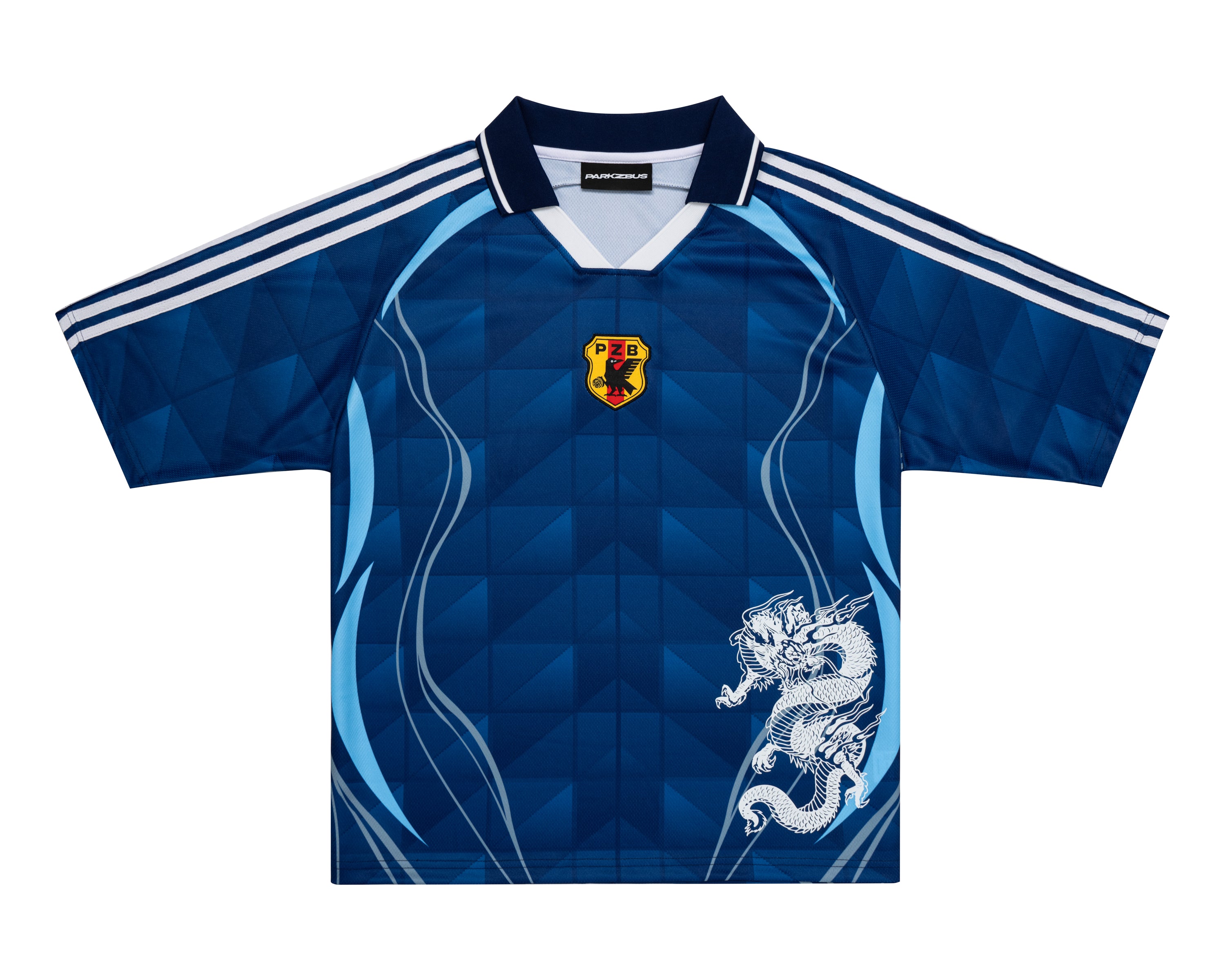 Parkzbus navy blue football jersey inspired by the 2006 Japan World Cup shirt with white dragon graphic and geometric pattern