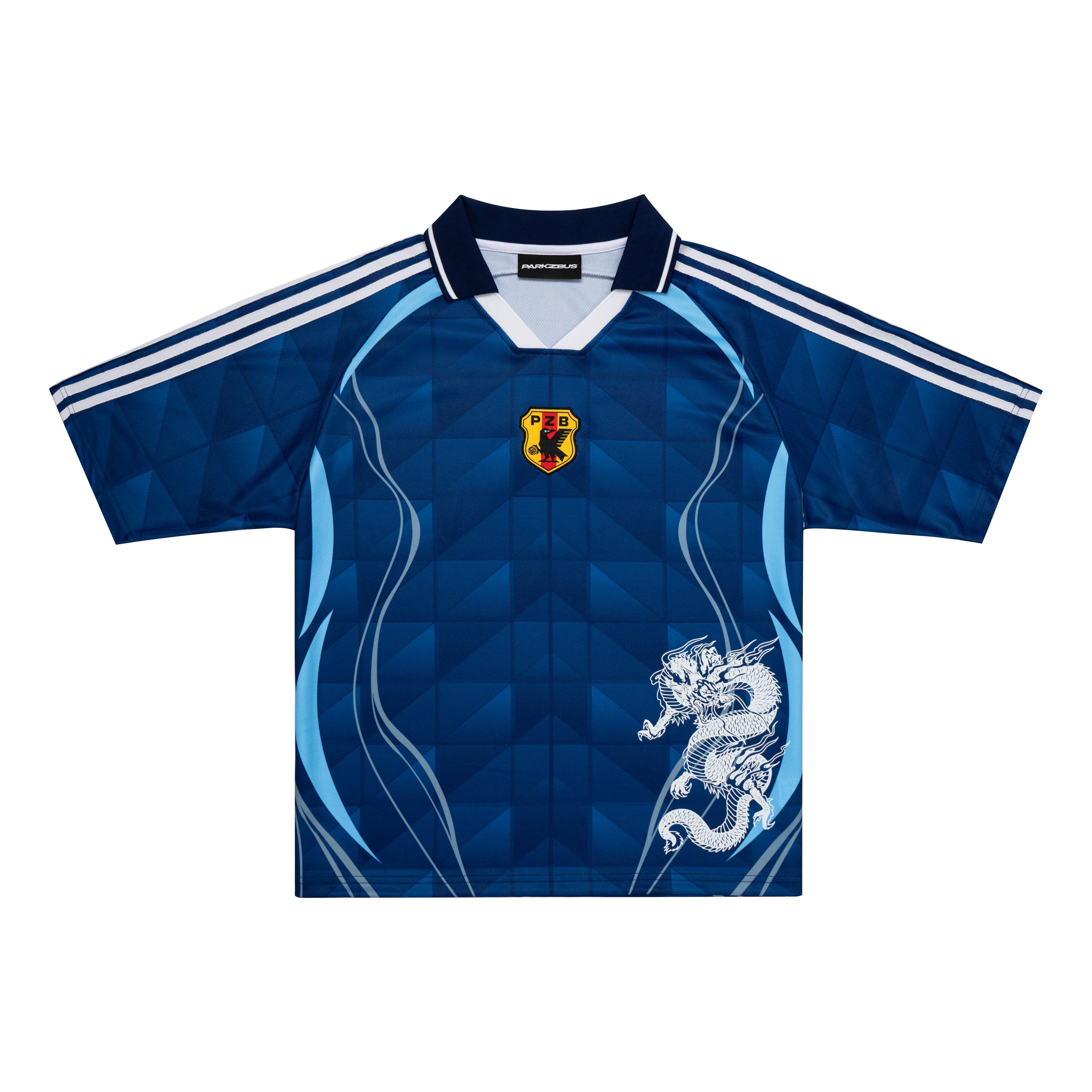Parkzbus navy blue football jersey inspired by the 2006 Japan World Cup shirt with white dragon graphic and geometric pattern