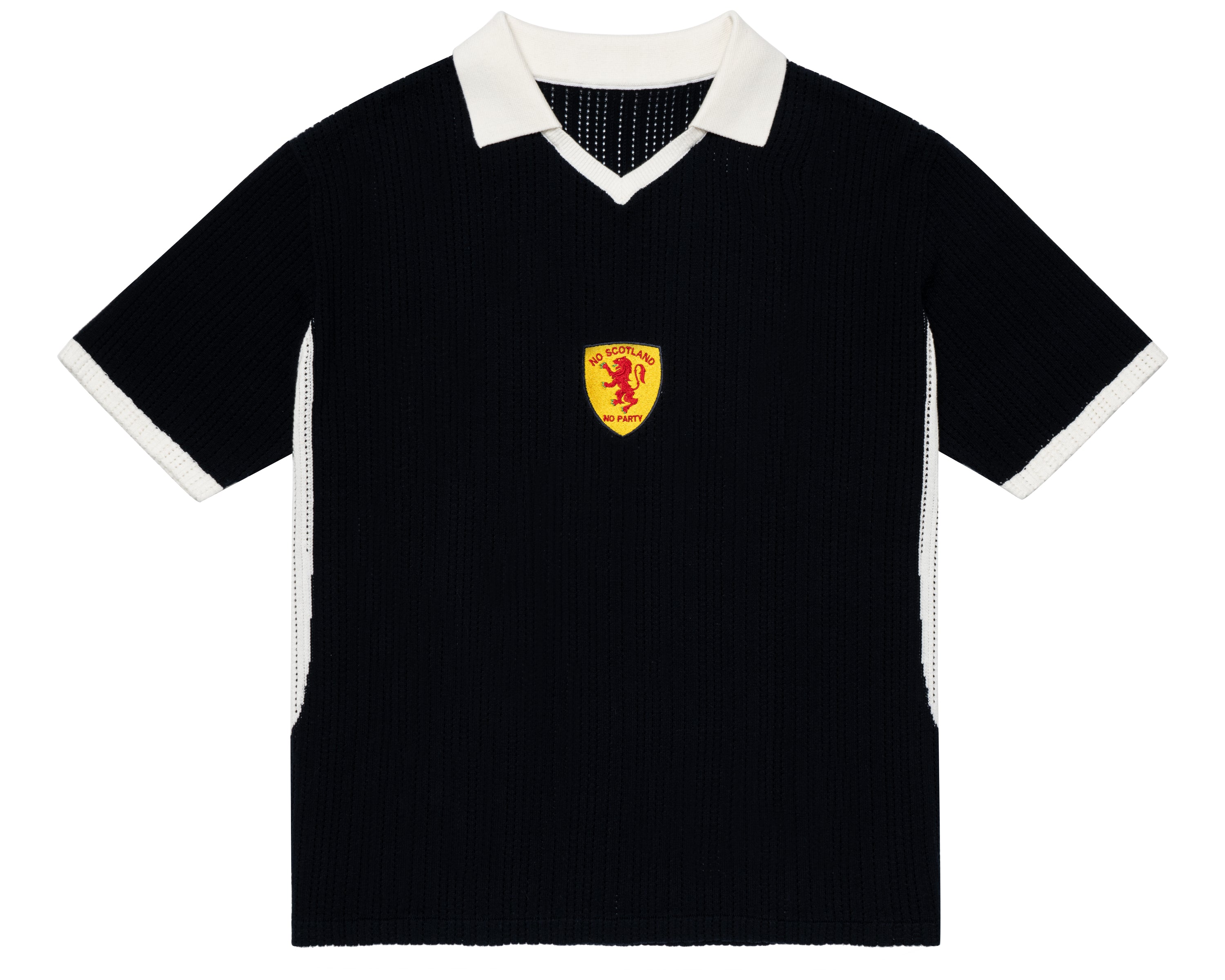 ParkzBus navy waffle-knit polo shirt with cream v-neck collar, sleeve cuffs and side panels, featuring an embroidered yellow shield crest with a red lion rampant and "No Scotland No Party" text