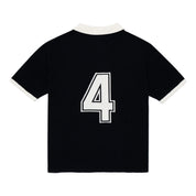 Back view of ParkzBus navy waffle-knit polo shirt with cream collar and sleeve cuffs, featuring a large embroidered number 4 in cream with black outline