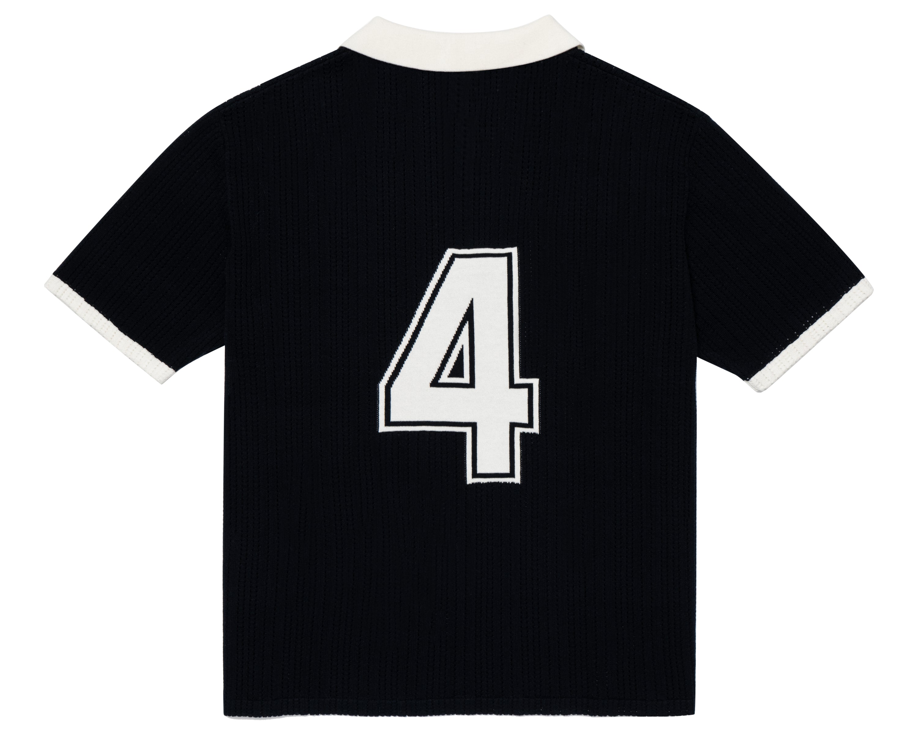 Back view of ParkzBus navy waffle-knit polo shirt with cream collar and sleeve cuffs, featuring a large embroidered number 4 in cream with black outline