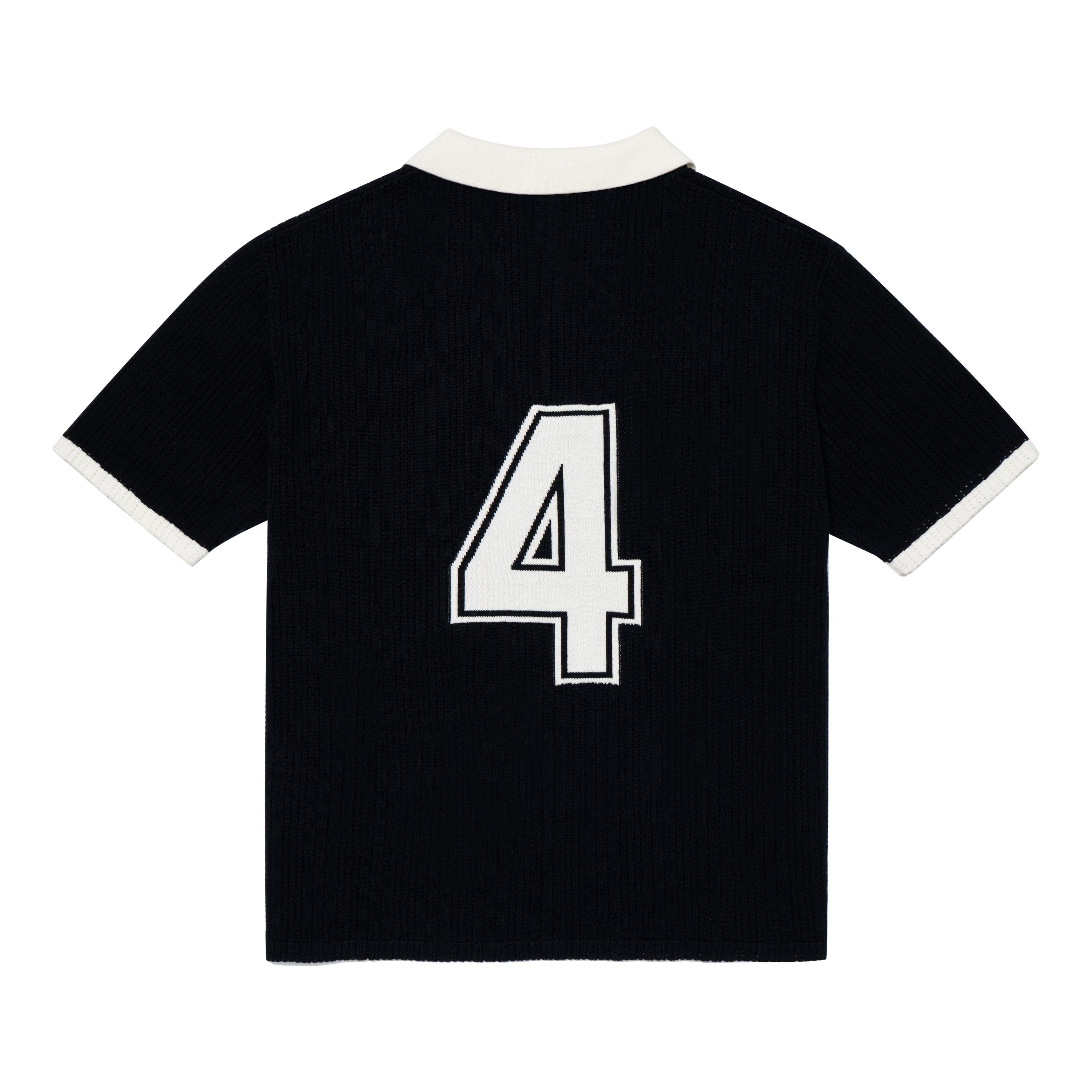 Back view of ParkzBus navy waffle-knit polo shirt with cream collar and sleeve cuffs, featuring a large embroidered number 4 in cream with black outline